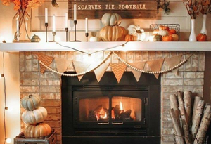 fall fireplace with thankful decor