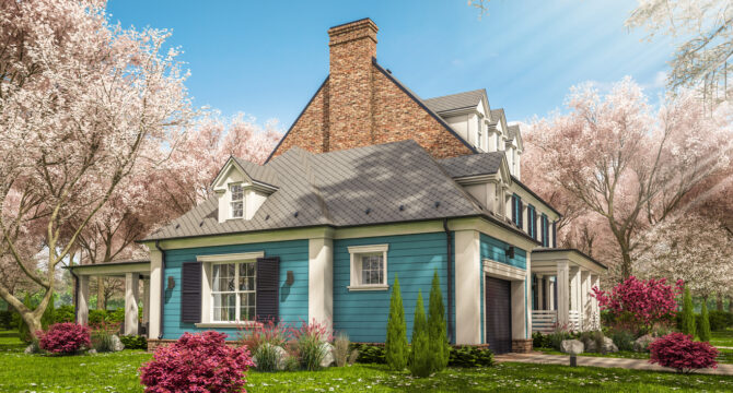 3d rendering of modern cozy classic house in colonial style with garage and pool for sale or rent with beautiful landscaping Fresh spring day with a blooming trees with flowers of sakura on backgraund
