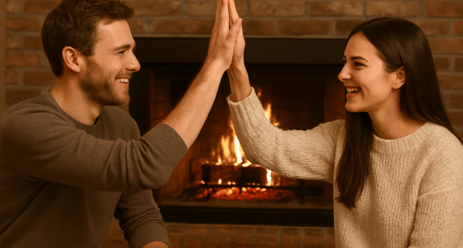 man and woman high fiving in front of fireplace
