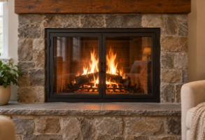 fireplace with fire going
